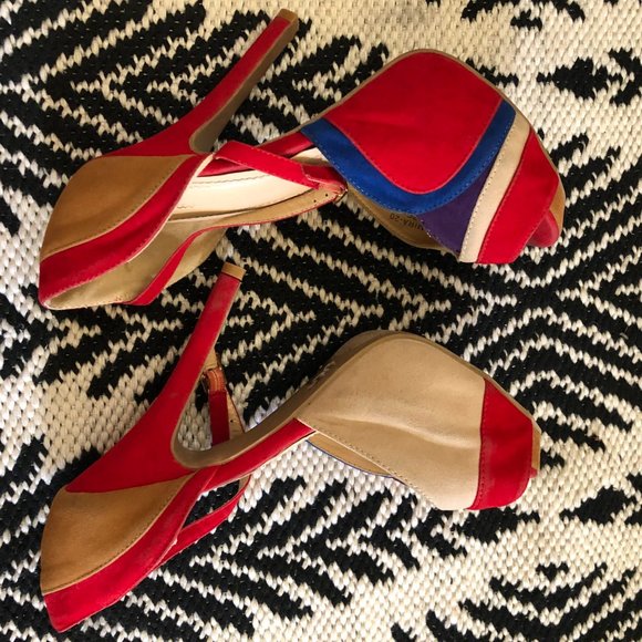 Red Navy Blue Tan Stiletto Heels - Picture 6 of 11